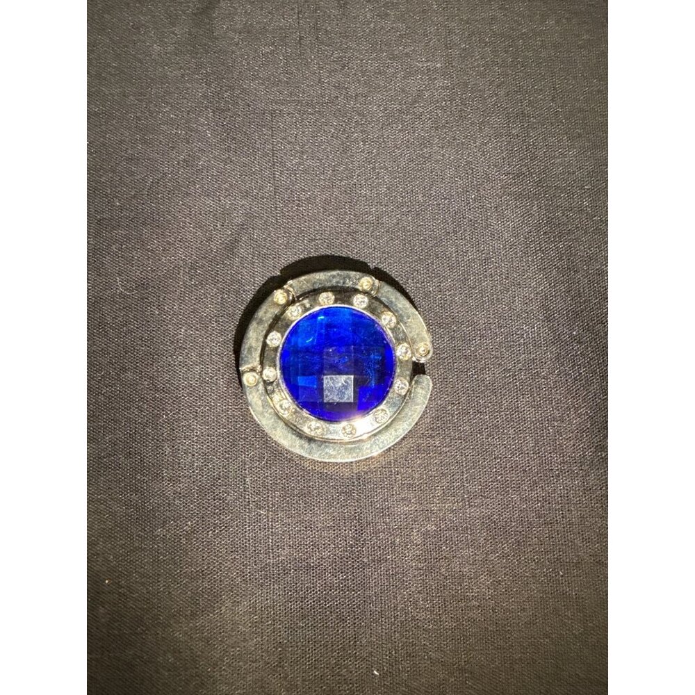 Silver Foldable Purse Hook With Blue Gem & Rhinestones - Picture 2 of 10
